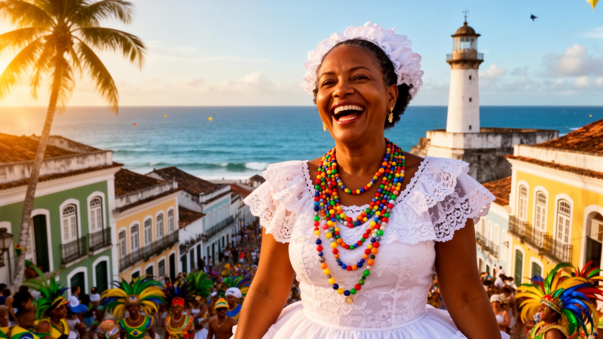 Baiana woman in traditional dress with Salvador, Bahia in the background